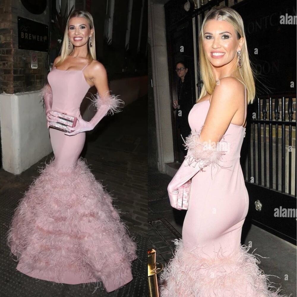 Portia and Scarlett Pink Feather Mermaid Formal Dress With Gloves Size 12 NWT